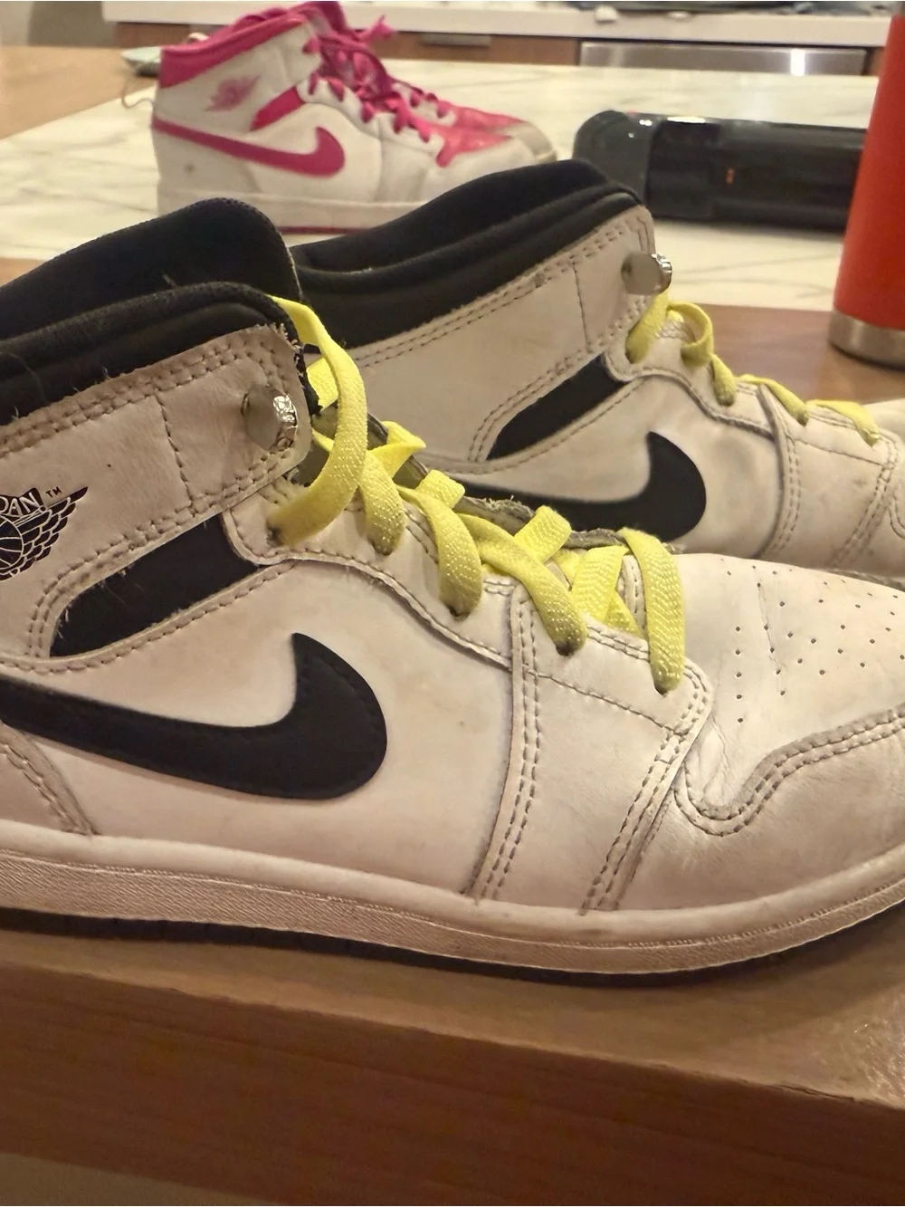 Nike Jordan 1 Mid Kids White & Black High-Top Sneakers with Yellow Laces